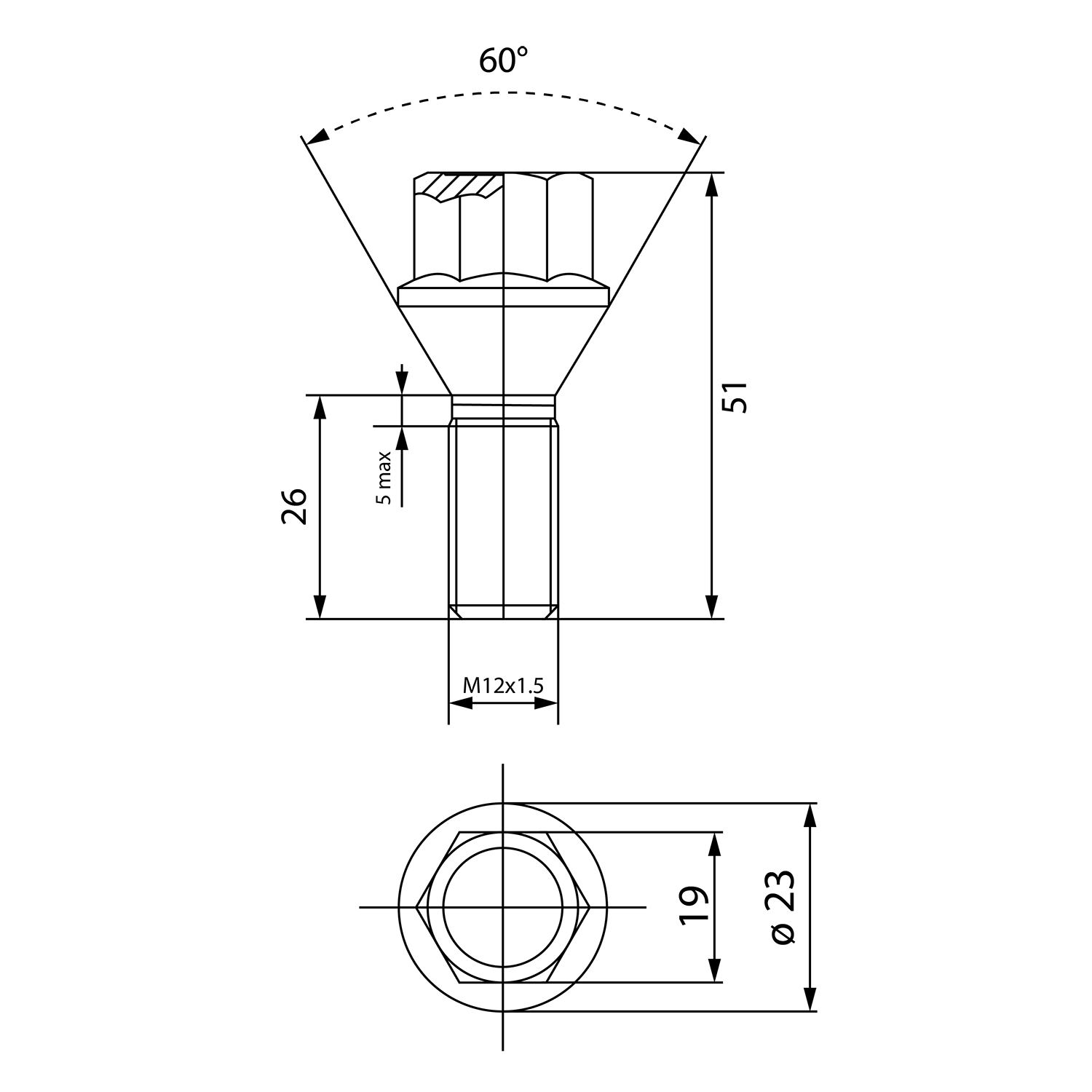 Lug bolt for alloy wheels, thread M12x1.5, hex 19, length 51 mm black